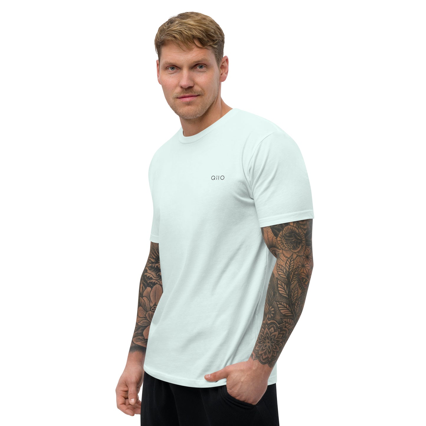 Men's Fitted T-Shirt | Qilo Print | Light Blue + Black