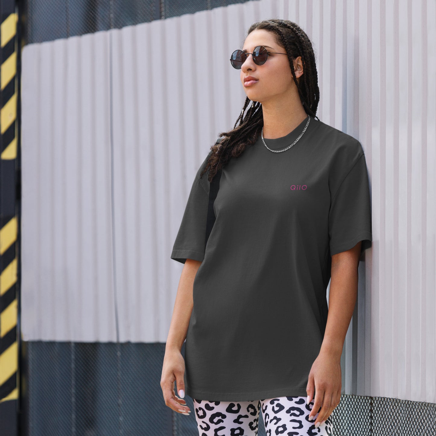 Unisex Oversized T-Shirt | Qilo Print | Faded Black + Berry